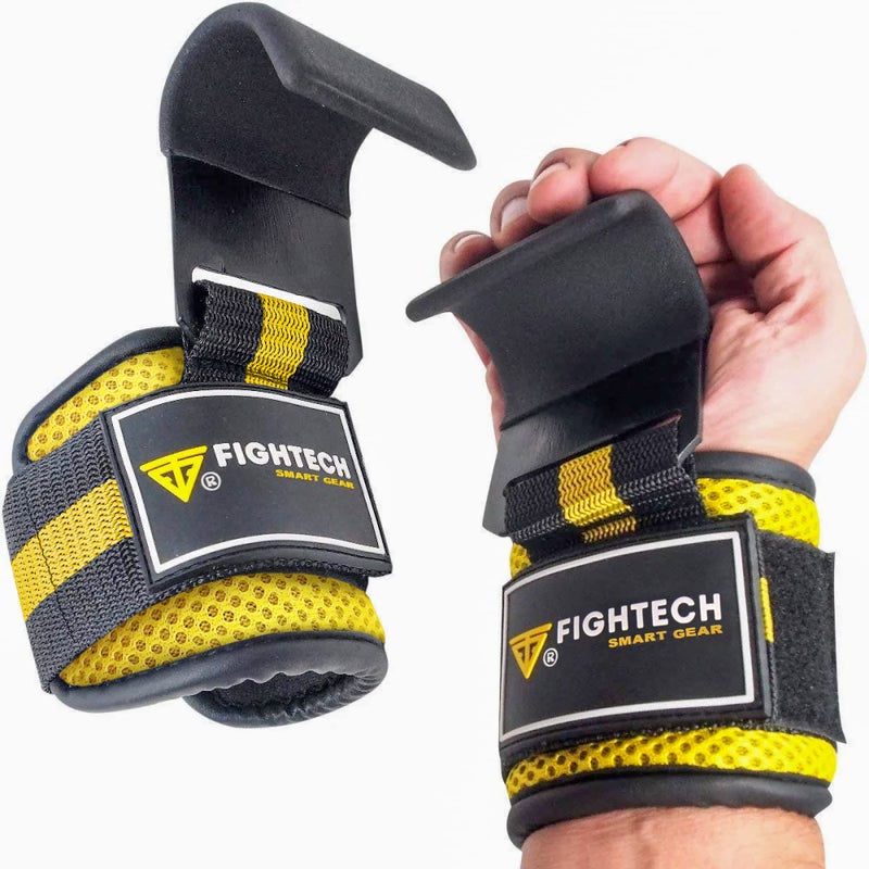 FIGHTECH Premium Weight Lifting Hooks (Pair) - Heavy Duty Hand Grip and Wrist Straps Support - 9 mm Neoprene Padded for Deadlifts, Pull Ups, and Shrugs - Durable Workout Accessories for Men and Women (YEL) - Image 1